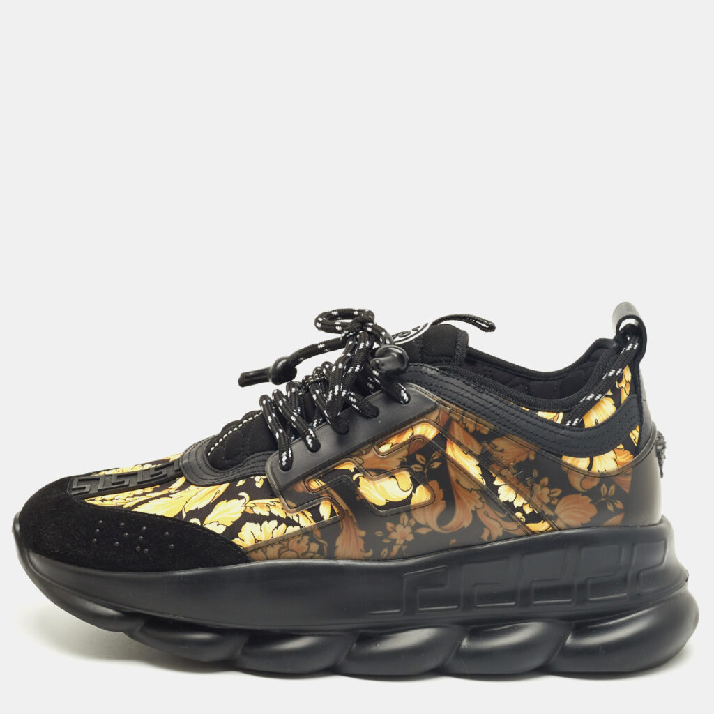 Versace Black/Yellow Canvas and Leather Trigreca Sneakers Size 44