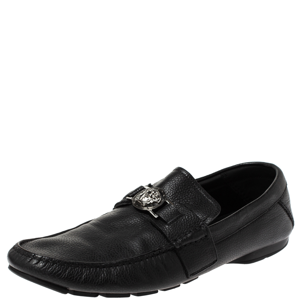 Versace Black Leather Medusa Detail Slip On Loafers Size 43 Versace Black Leather Medusa Detail Slip On Loafers Size 43