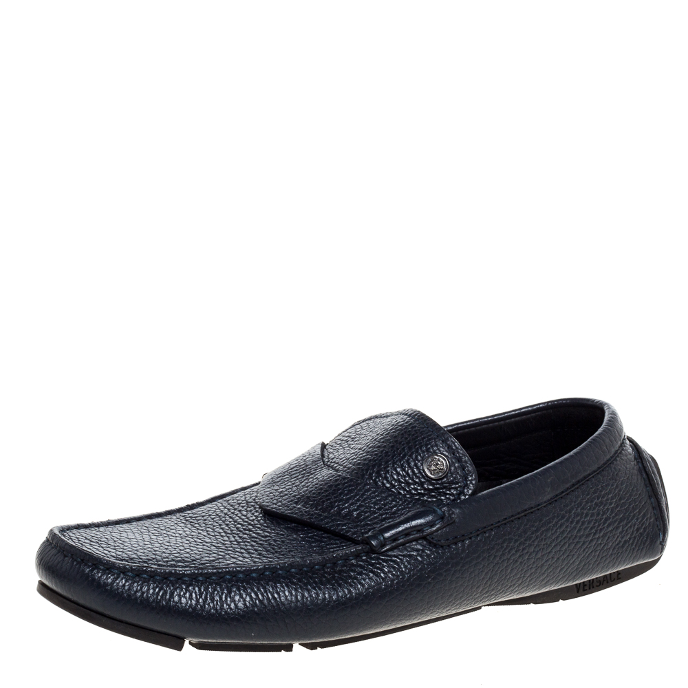 Versace Navy Blue Leather Slip On Loafers Size 40 Versace Navy Blue Leather Slip On Loafers Size 40
