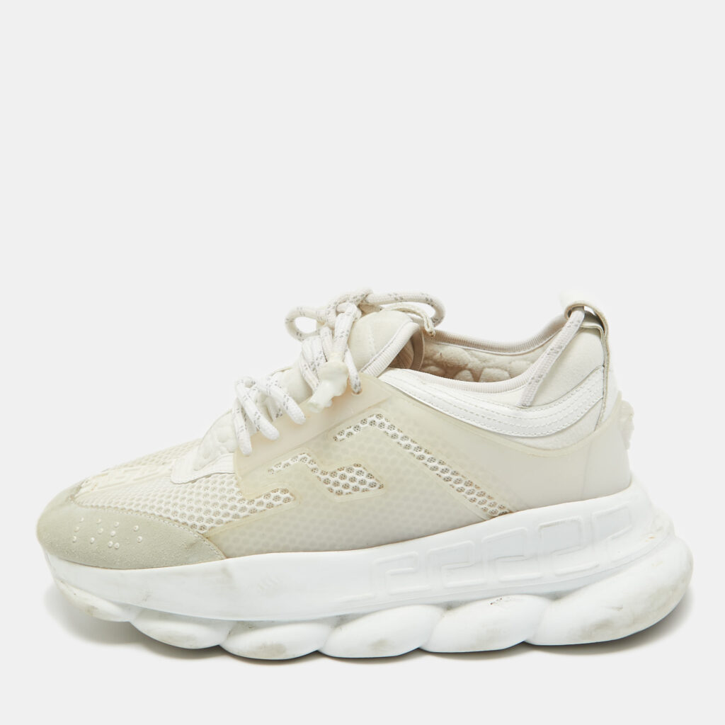 luxury-men-versace-used-shoes-p963624-001-1.jpg Versace White Suede and PVC Chain Reaction Sneakers Size 42