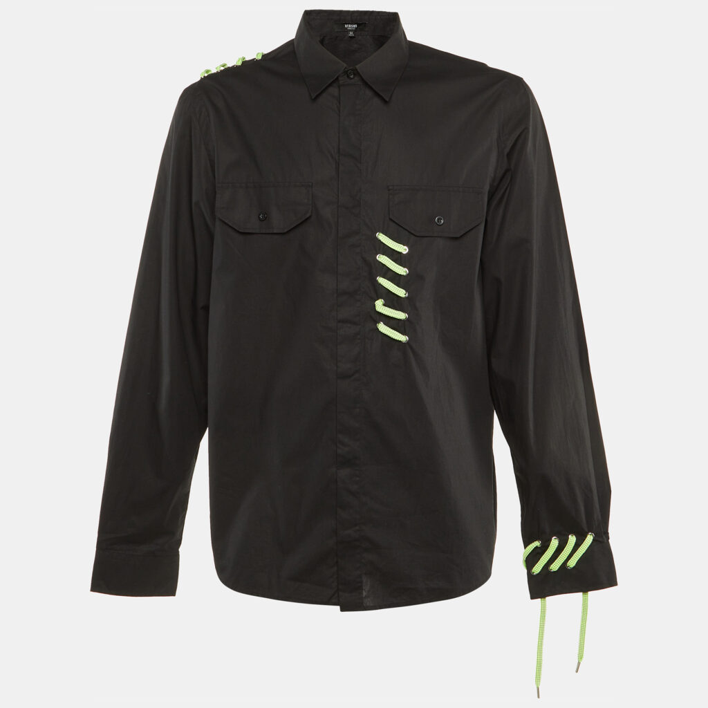 Versus Versace Black Cotton Lace Detail Shirt XXL Versus Versace Black Cotton Lace Detail Shirt XXL