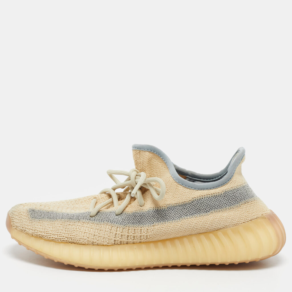 Yeezy x Adidas Beige/Blue Knit Fabric Boost 350 V2 Linen Sneakers Size 42