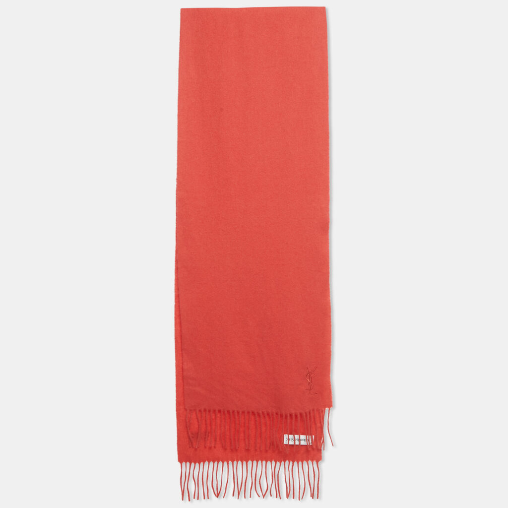 Yves Saint Laurent Peach Red Wool Fringed Muffler Yves Saint Laurent Peach Red Wool Fringed Muffler