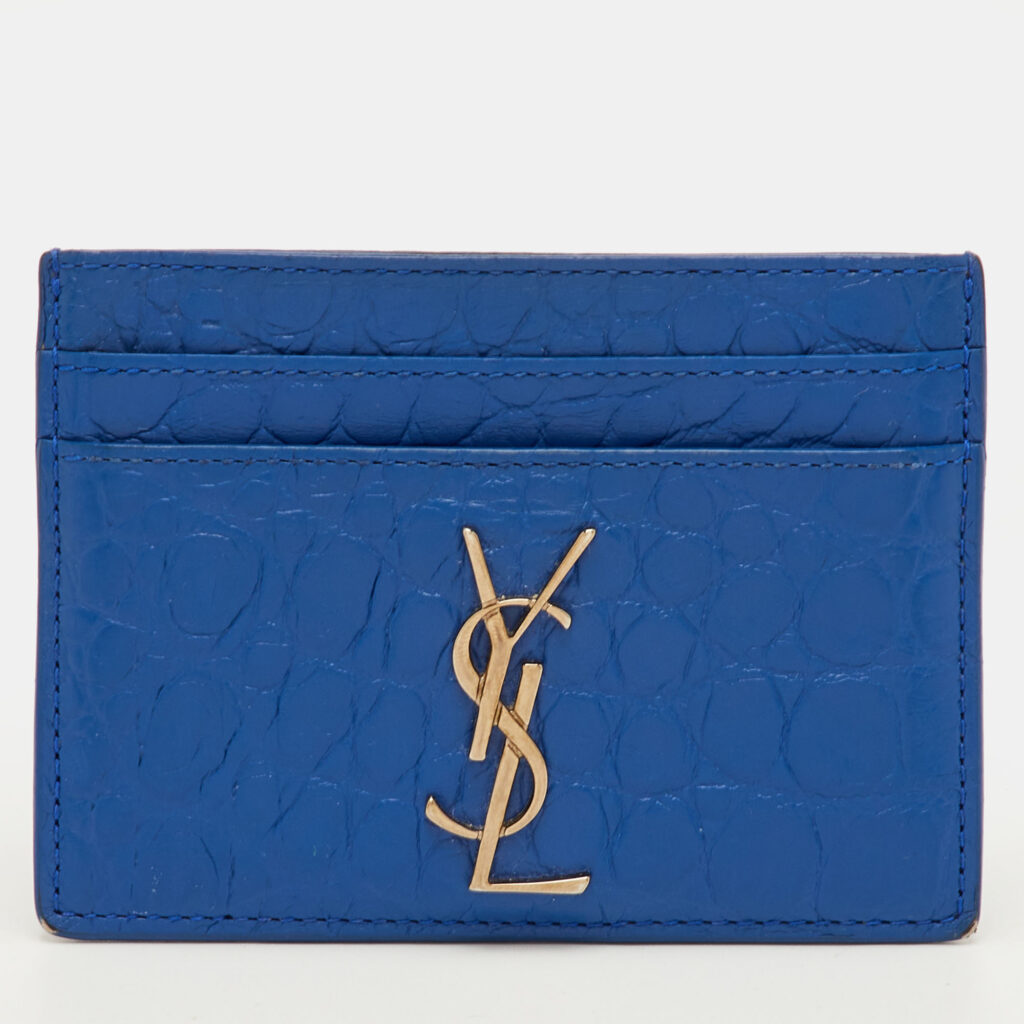 Yves Saint Laurent Monogram Blue Croc Embossed Leather Card Holder Yves Saint Laurent Monogram Blue Croc Embossed Leather Card Holder