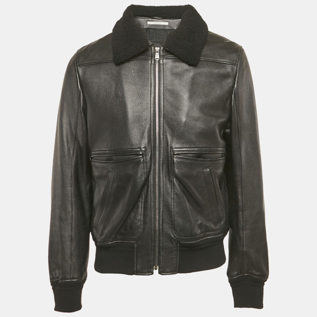 Saint Laurent Paris Black Shearling Trim Leather Jacket XL