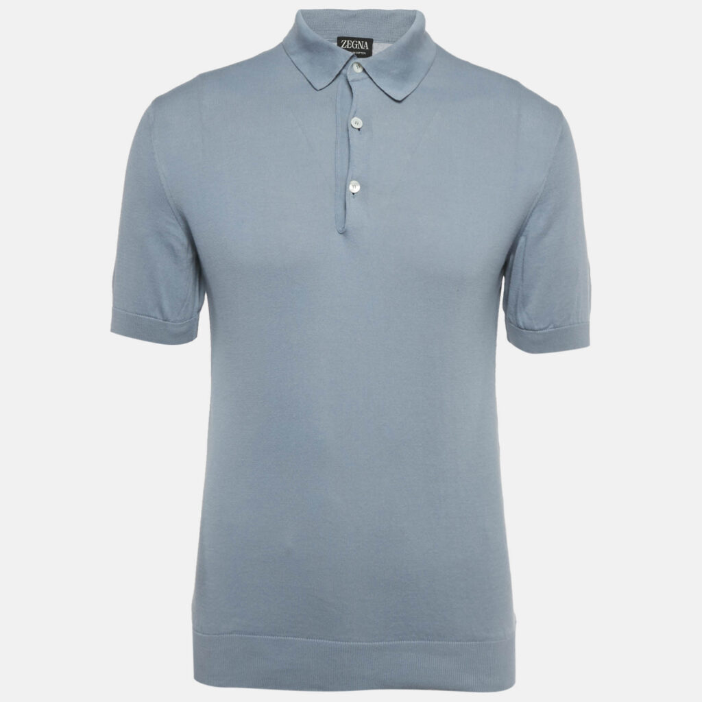 luxury-men-zegna-used-clothes-p1249544-001.jpg Zegna Slate Blue Cotton Knit Polo T-Shirt M