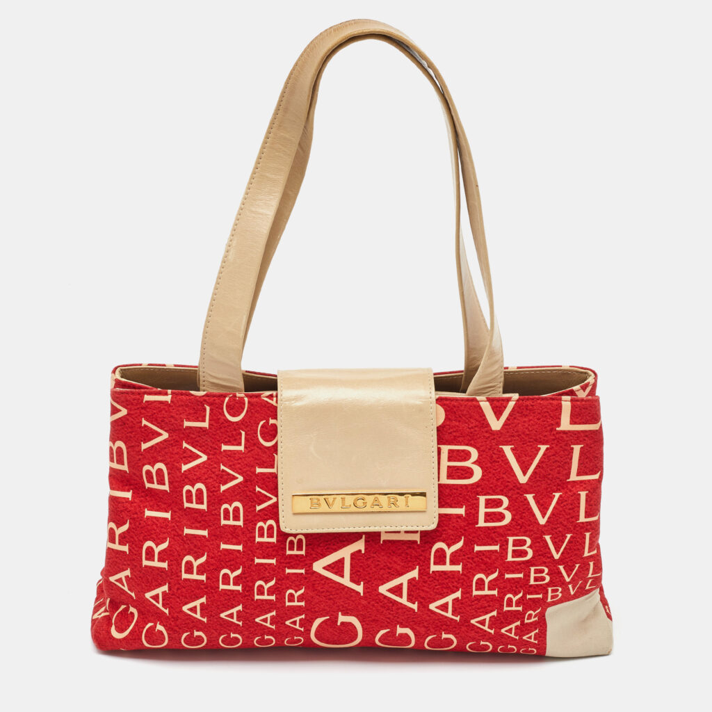 Bvlgari Red/Beige Logo Mania Fabric and Leather Baguette Bag Bvlgari Red/Beige Logo Mania Fabric and Leather Baguette Bag
