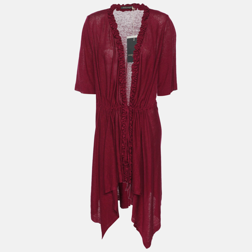 Marina Rinaldi Burgundy Stretch Knit Ruffle Edge Drawstring Cardigan L Marina Rinaldi Burgundy Stretch Knit Ruffle Edge Drawstring Cardigan L