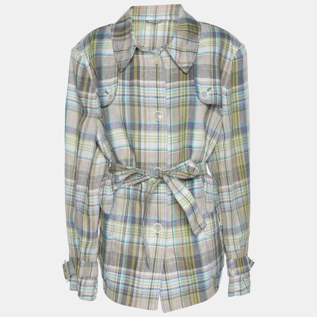 Basler Green Checkered Linen Long Sleeve Belted Cuff Shirt XL Basler Green Checkered Linen Long Sleeve Belted Cuff Shirt XL