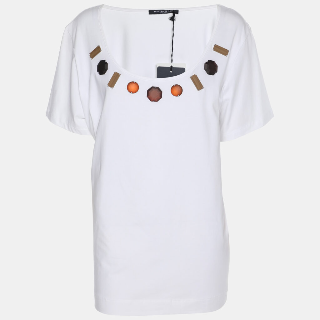 Marina Sport by Marina Rinaldi White Jersey Embellished T-Shirt L Marina Sport by Marina Rinaldi White Jersey Embellished T-Shirt L