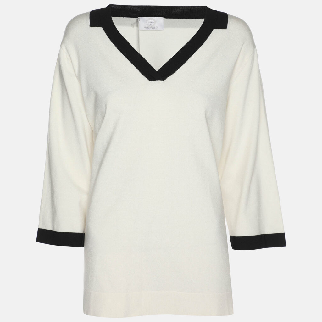 Marina Rinaldi Cream Jersey Contrast Trim V Neck Sweater L Marina Rinaldi Cream Jersey Contrast Trim V Neck Sweater L