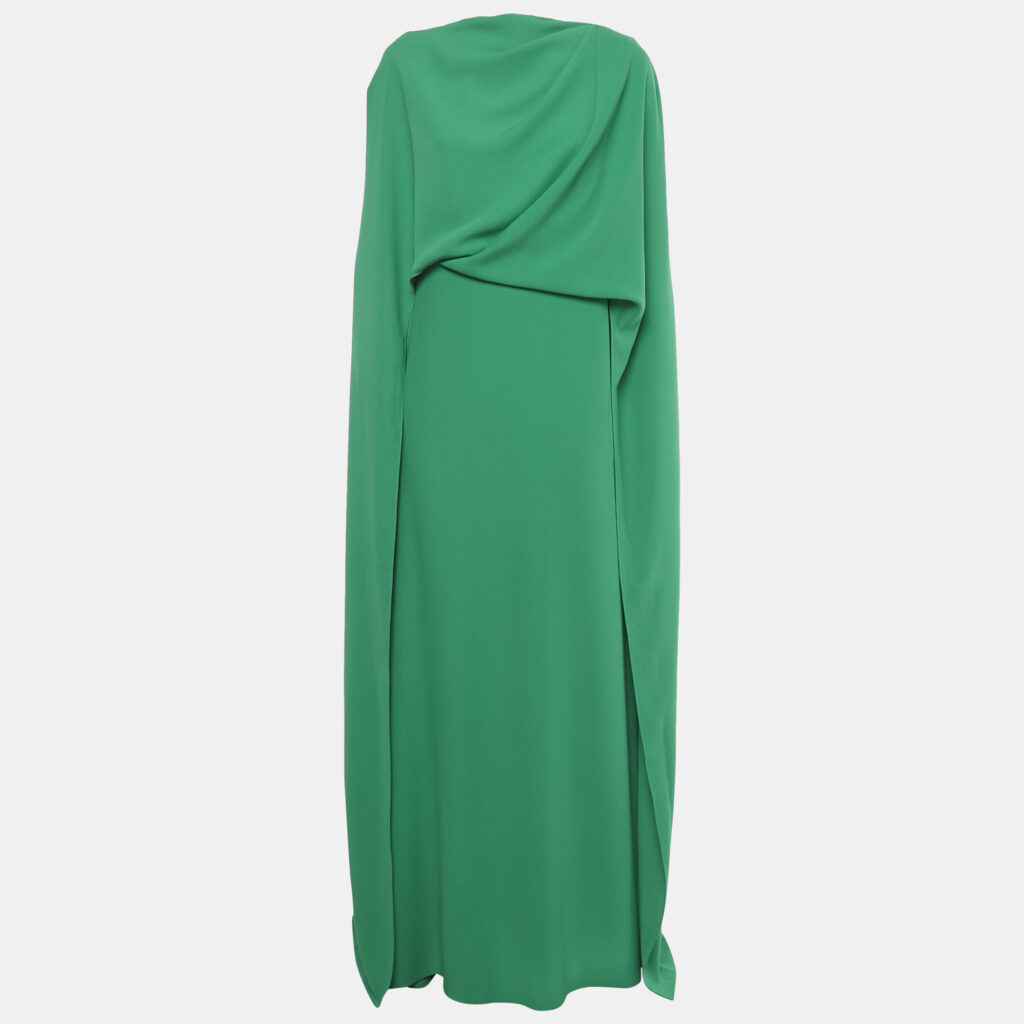 Gemy Maalouf Green Crepe Draped Long Kaftan Dress M