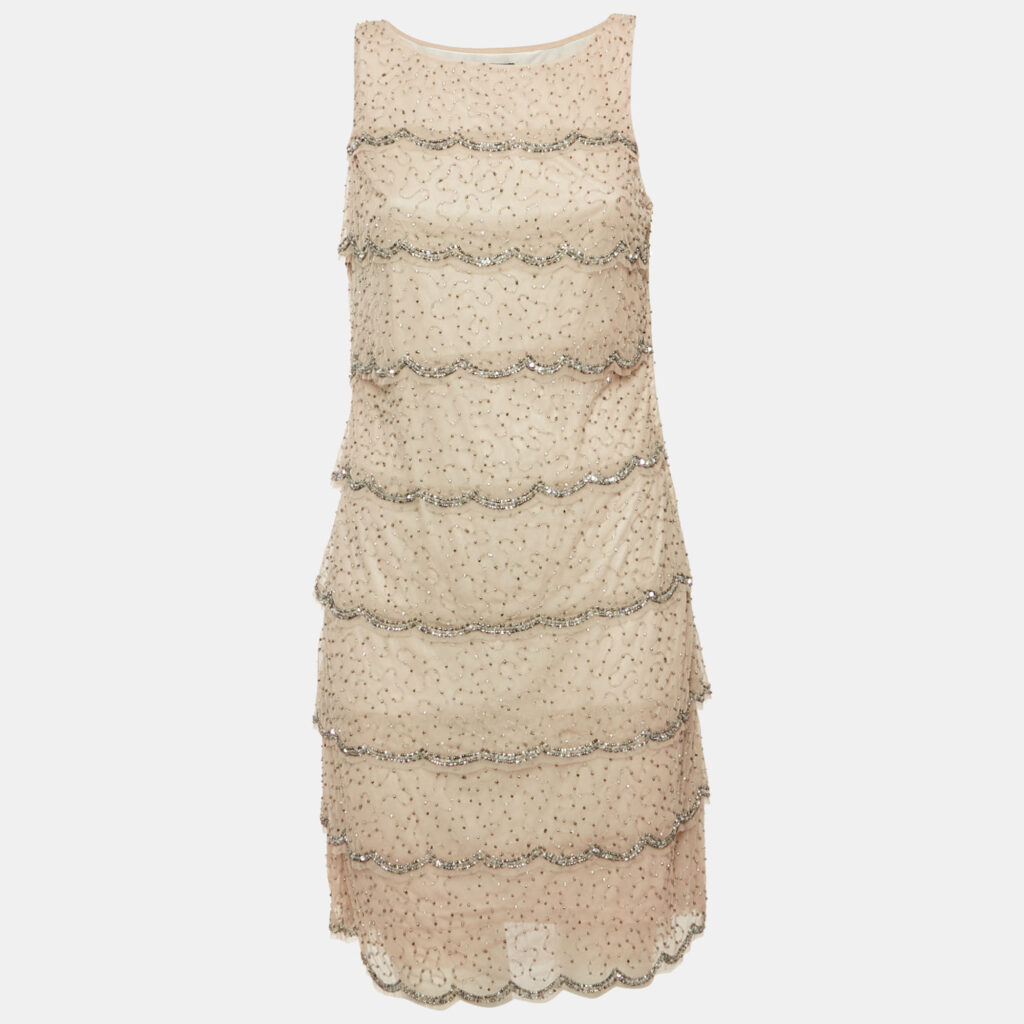 Adrianna Papell Evening Grey Beaded Tulle Tiered Mini Dress M