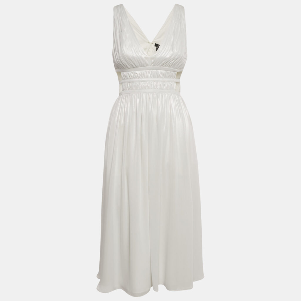 Aidan Maxttox Ivory Shimmer Crepe Gathered Cut-Out Detail Midi Dress XS Aidan Maxttox Ivory Shimmer Crepe Gathered Cut-Out Detail Midi Dress XS