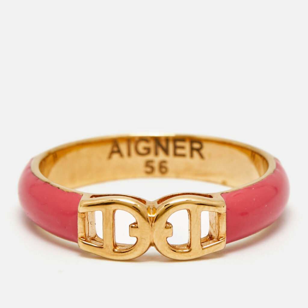 Aigner Logo Enamel Gold Tone Ring Size 56 Aigner Logo Enamel Gold Tone Ring Size 56