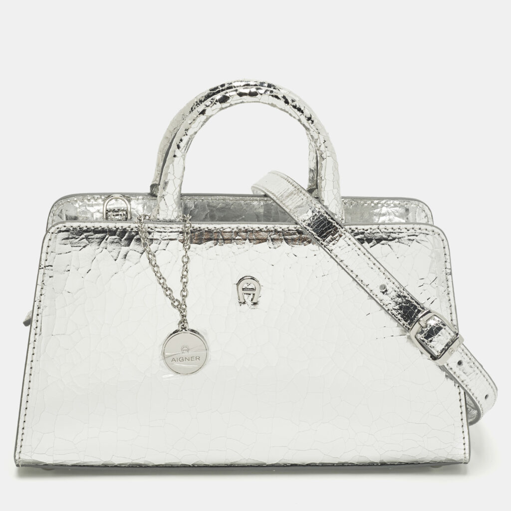 Aigner Cybill Stretch S Mini Silver Crackled Leather Satchel Aigner Cybill Stretch S Mini Silver Crackled Leather Satchel
