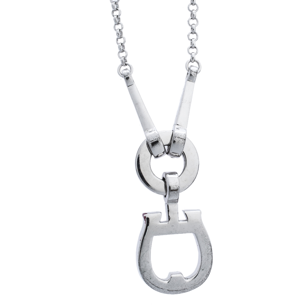 Aigner Crystal Embellished Logo Pendant Silver Tone Necklace