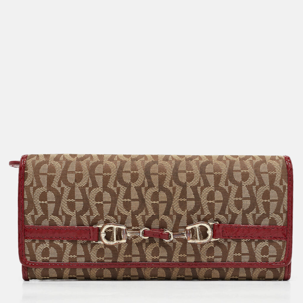 Aigner Beige/Red Signature Canvas and Patent Leather Flap Continental Wallet Aigner Beige/Red Signature Canvas and Patent Leather Flap Continental Wallet