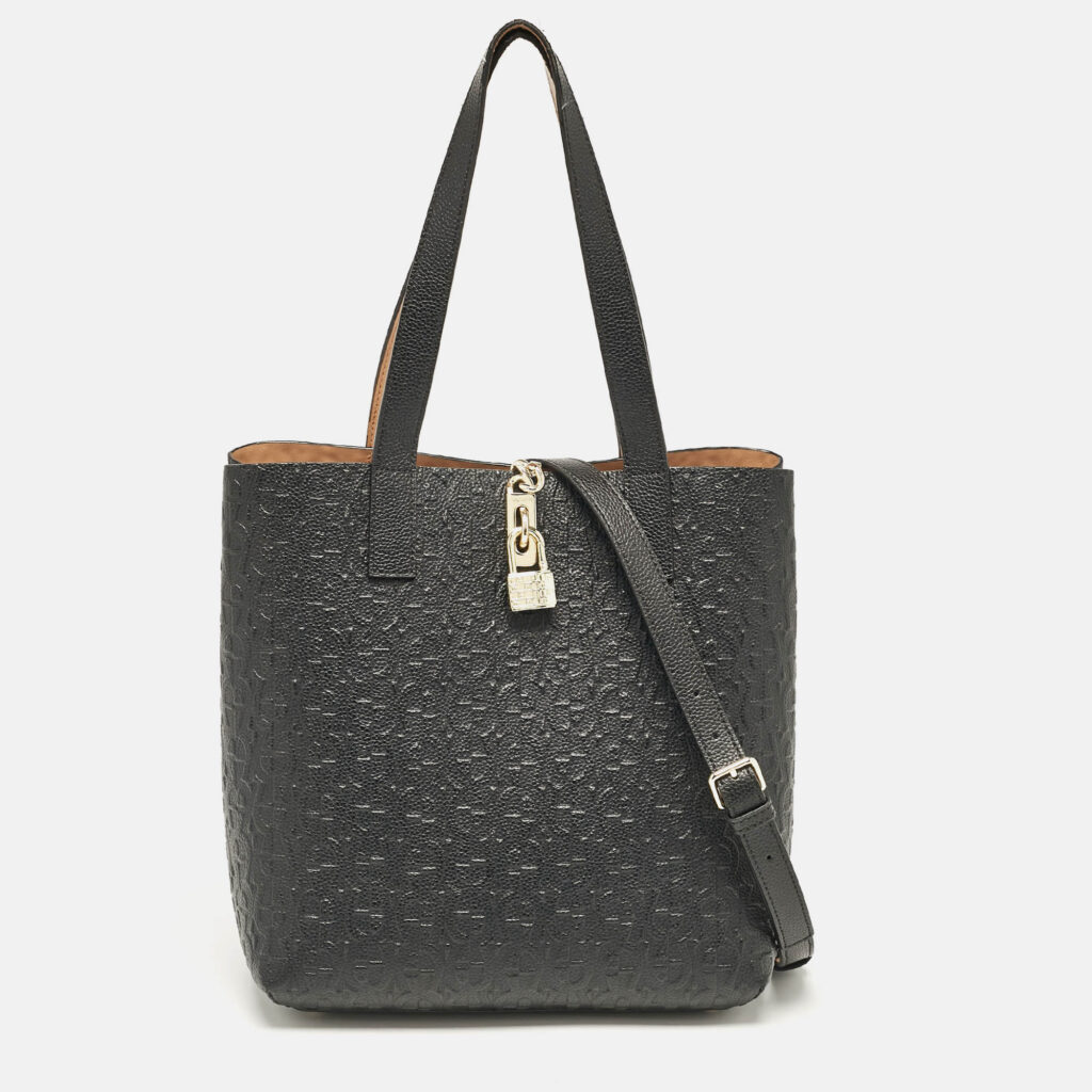 Aigner Black/Beige Monogram Embossed Leather Leonie Tote Aigner Black/Beige Monogram Embossed Leather Leonie Tote