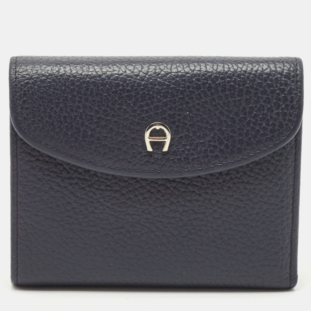 Aigner Dark Blue Leather Logo Trifold Wallet