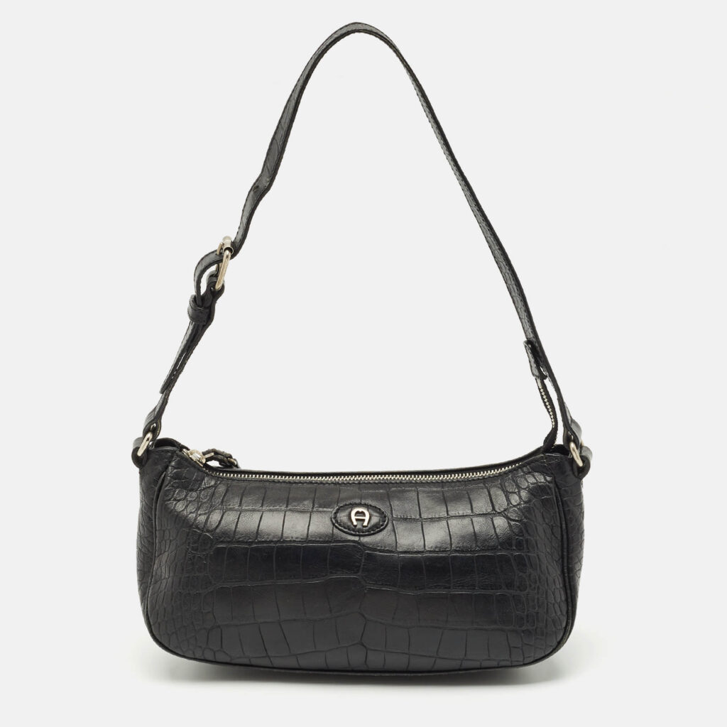 Aigner Black Croc Embossed Leather Buckle Shoulder Bag Aigner Black Croc Embossed Leather Buckle Shoulder Bag