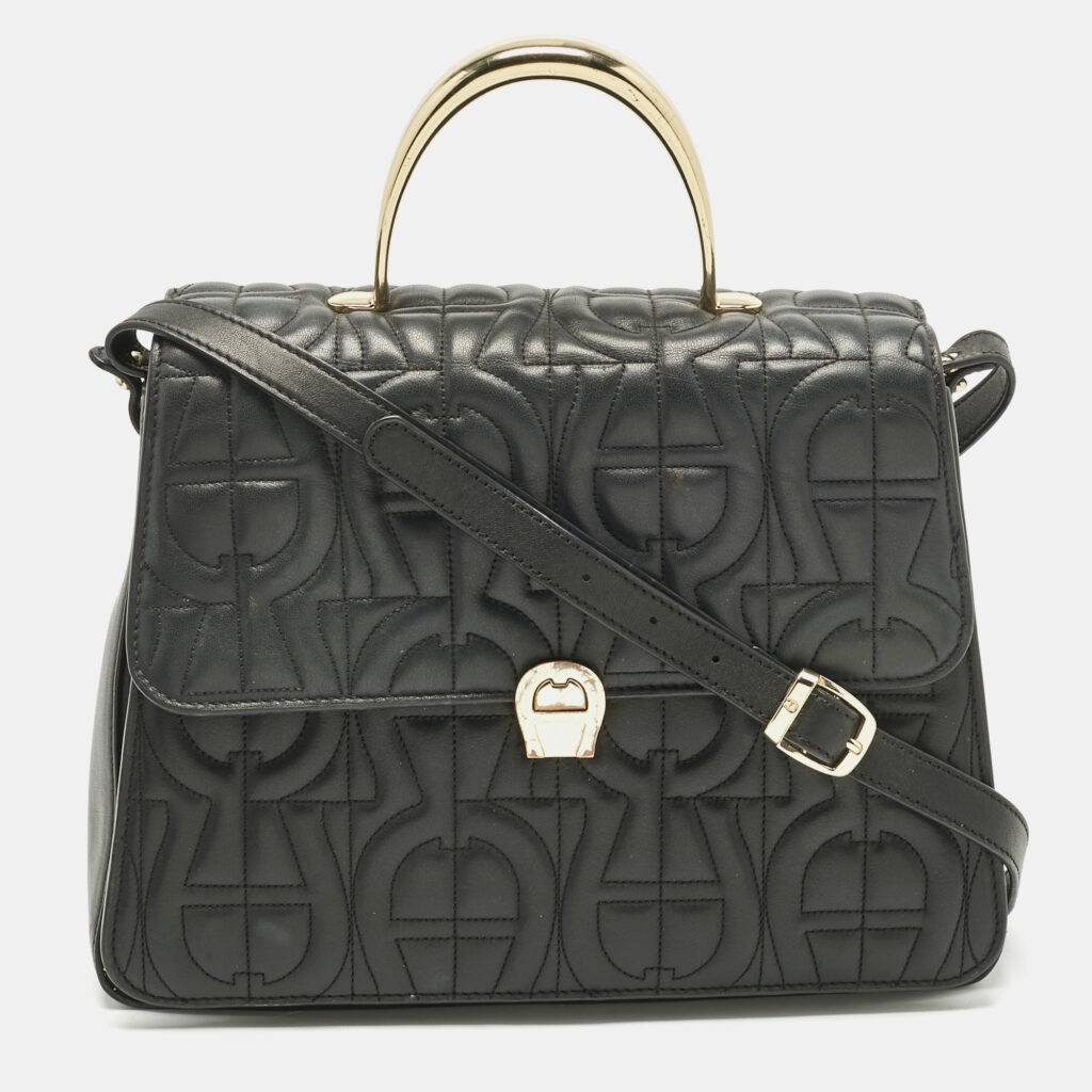 Aigner Black Leather Logo Embossed Genoveva M Top Handle Bag Aigner Black Leather Logo Embossed Genoveva M Top Handle Bag