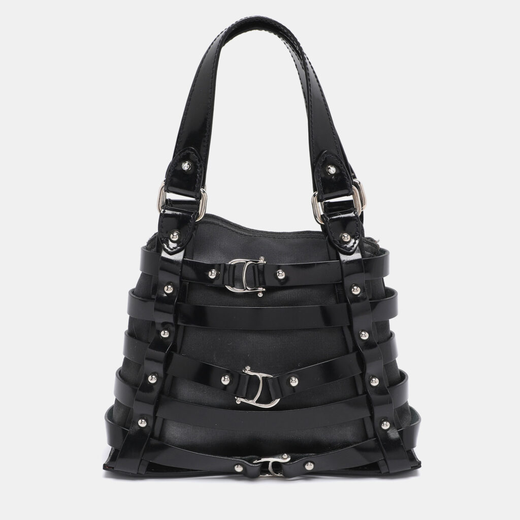 Aigner Black Satin and Leather Caged Tote Aigner Black Satin and Leather Caged Tote
