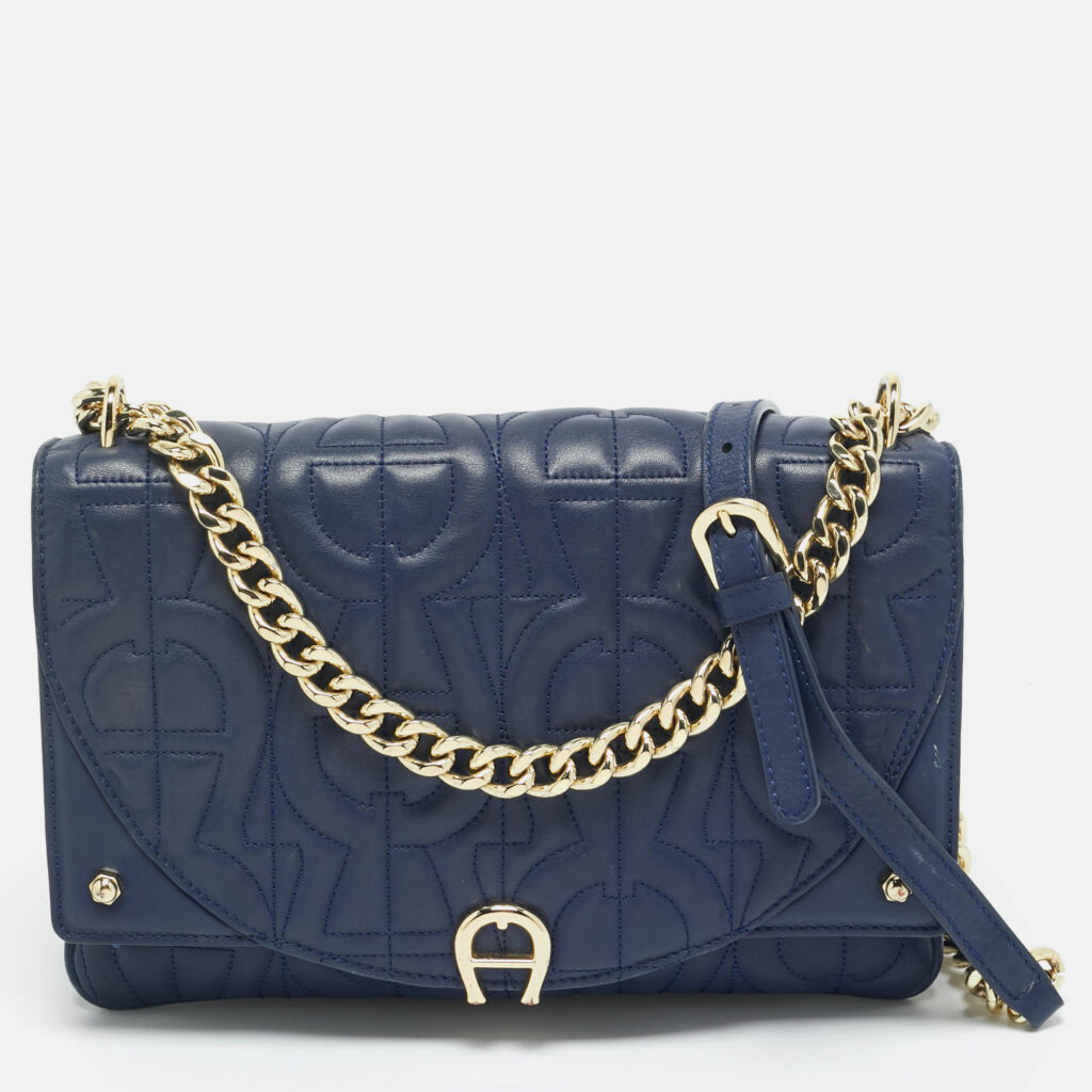 Aigner Navy Blue Embossed Leather Diadora S Crossbody Bag Aigner Navy Blue Embossed Leather Diadora S Crossbody Bag