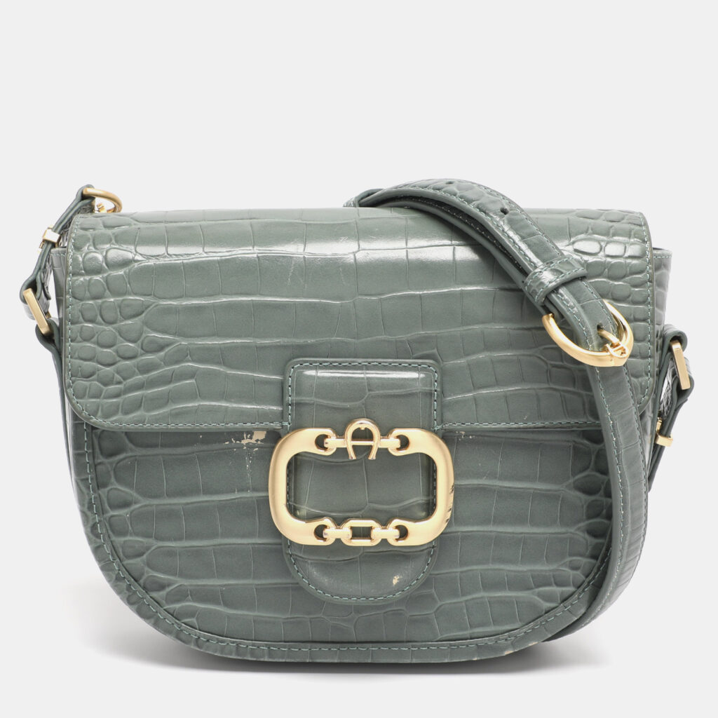 Aigner Green Croc Embossed Leather Celia Crossbody Bag Aigner Green Croc Embossed Leather Celia Crossbody Bag