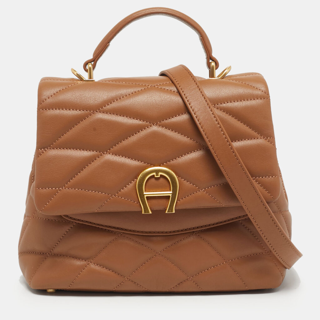 Aigner Brown Quilted Leather Maggie Top Handle Bag Aigner Brown Quilted Leather Maggie Top Handle Bag