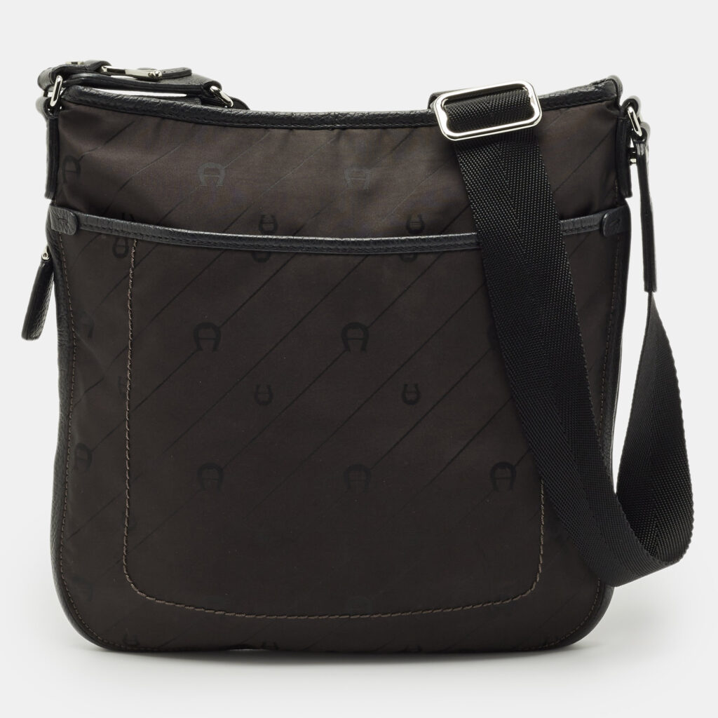 Aigner Dark Brown/Black Monogram Leather and Nylon Messenger Bag Aigner Dark Brown/Black Monogram Leather and Nylon Messenger Bag