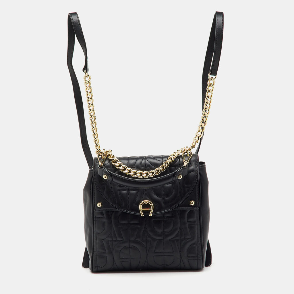 luxury-women-aigner-used-handbags-p1223416-007.jpg Aigner Black Logo Embroidered Leather Diadora Backpack