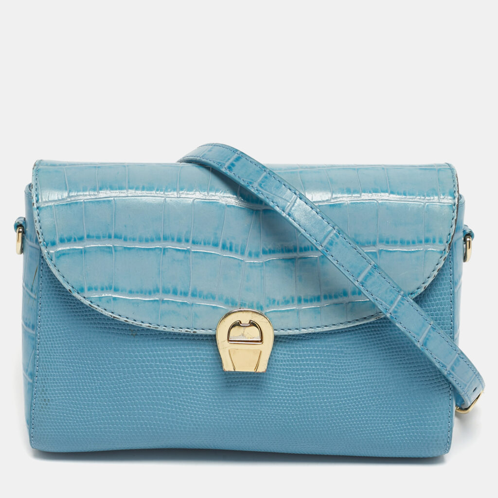 Aigner Light Turquoise Croc and Lizard Embossed Genoveva Shoulder Bag
