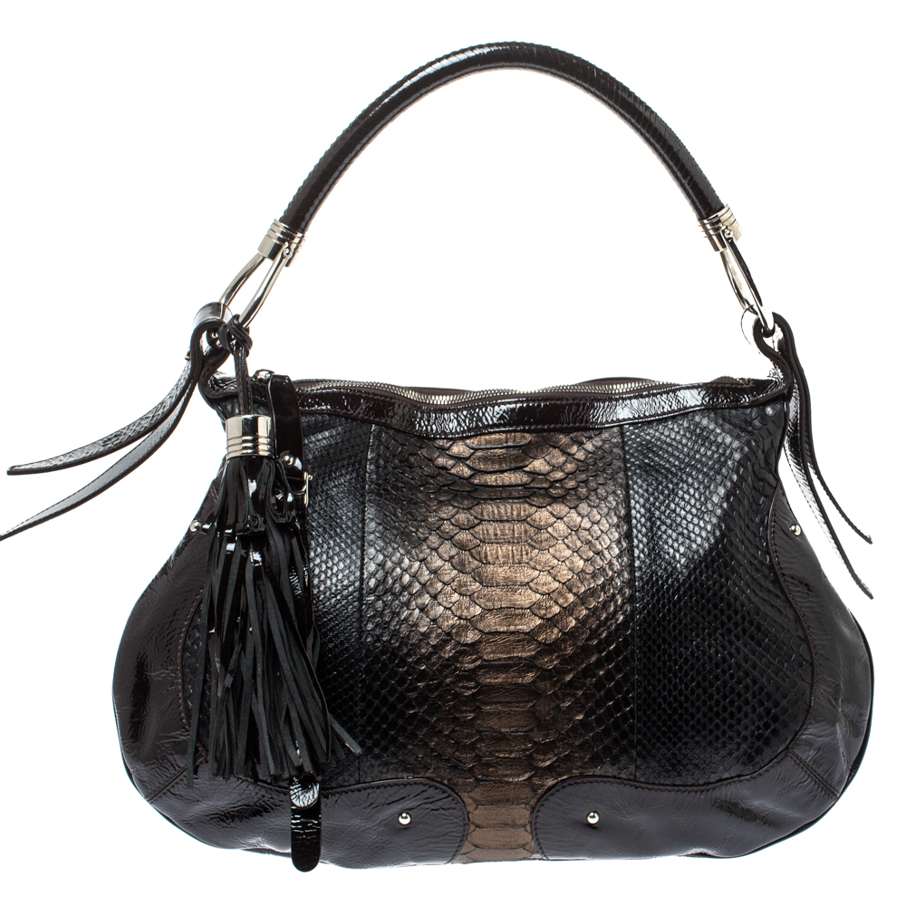 Aigner Dark Brown Python and Patent Leather Tassel Hobo Aigner Dark Brown Python and Patent Leather Tassel Hobo