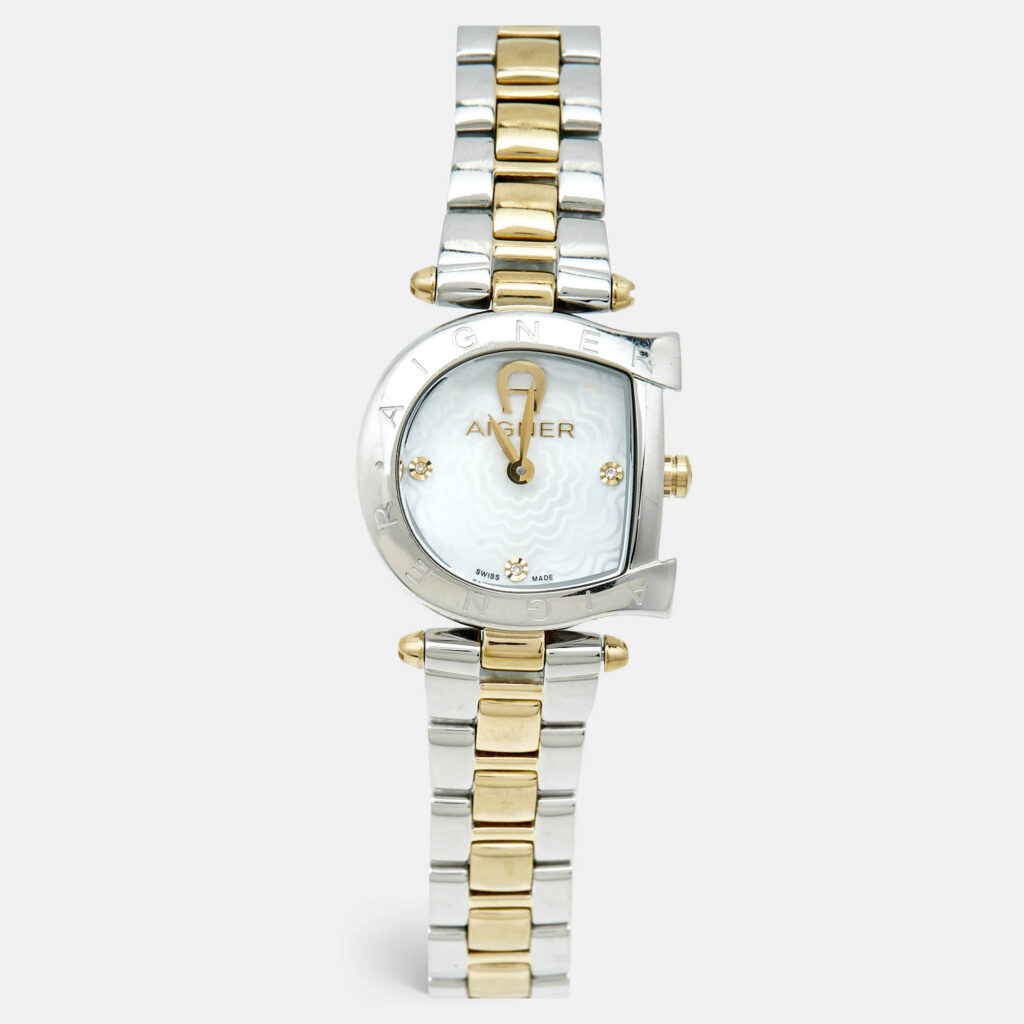luxury-women-aigner-used-watches-p1160005-006-1.jpg Aigner Mother of Pearl Two Tone Stainless Steel Arco A34200 Women's Wristwatch 25 mm
