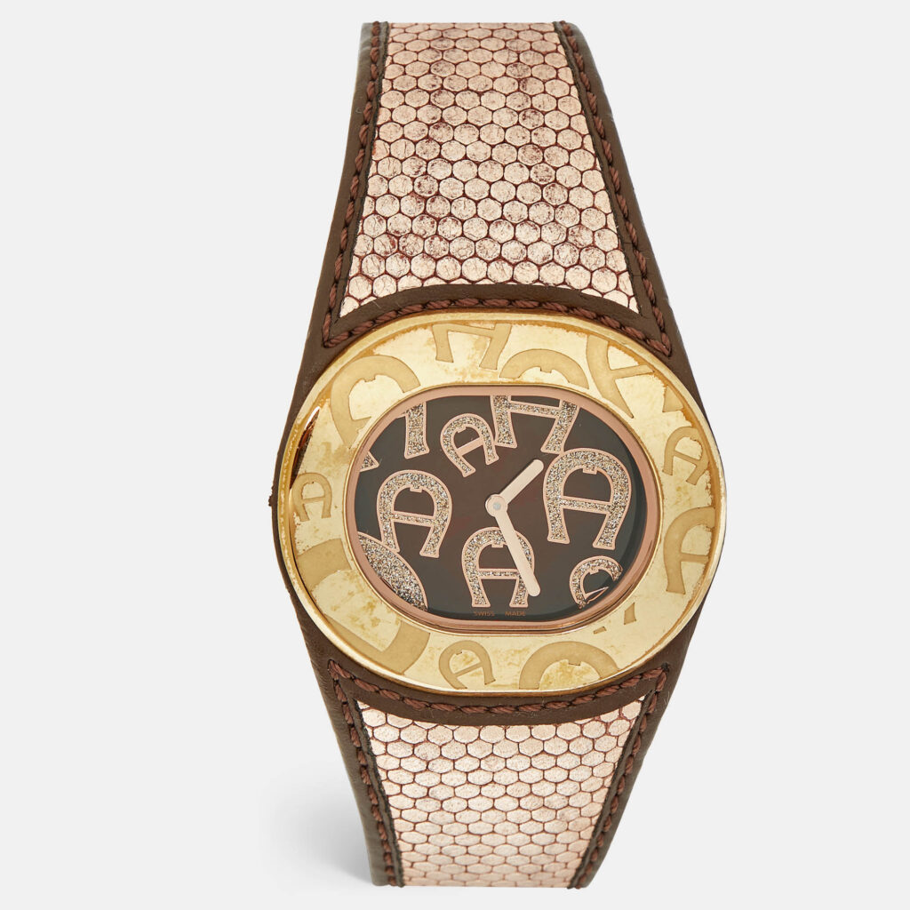 Aigner Brown Rose Gold Plated Stainless Steel Leather Rabello Due A39200 Women's Wristwatch 43 mm Aigner Brown Rose Gold Plated Stainless Steel Leather Rabello Due A39200 Women's Wristwatch 43 mm