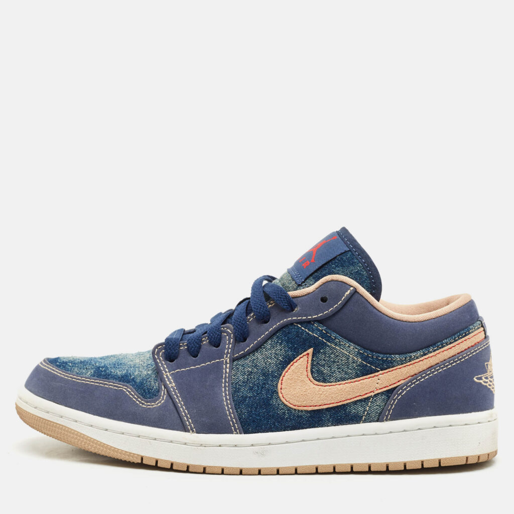 Air Jordans Blue Denim and Durabuck Leather Jordan 1 Low SE Sneakers Size 40.5