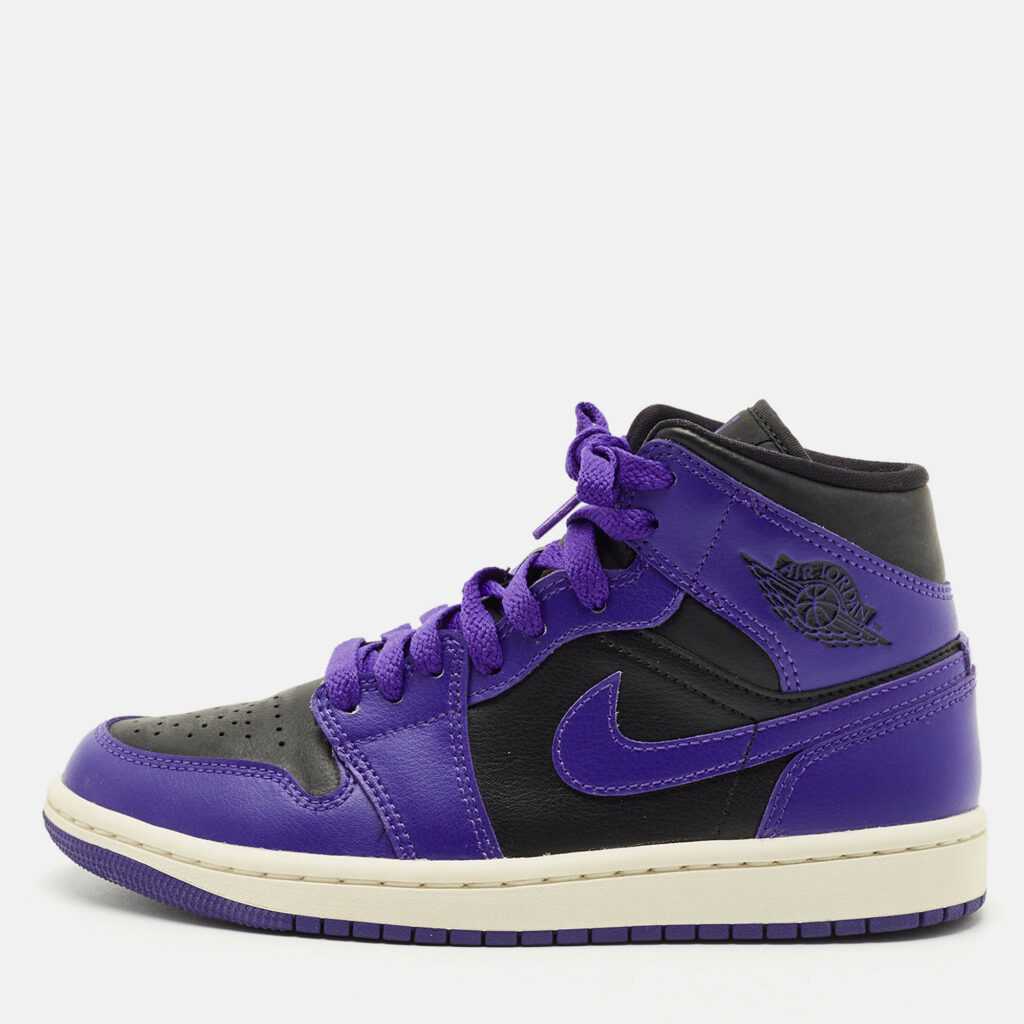 Air Jordans Purple/Black Leather Jordan 1 Mid Sneakers Size 36.5