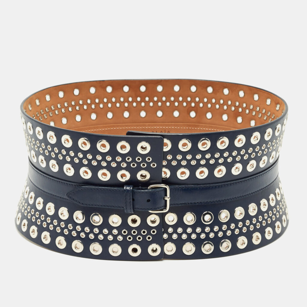 Alaia Navy Blue Leather Studded Corset Belt 70 CM Alaia Navy Blue Leather Studded Corset Belt 70 CM