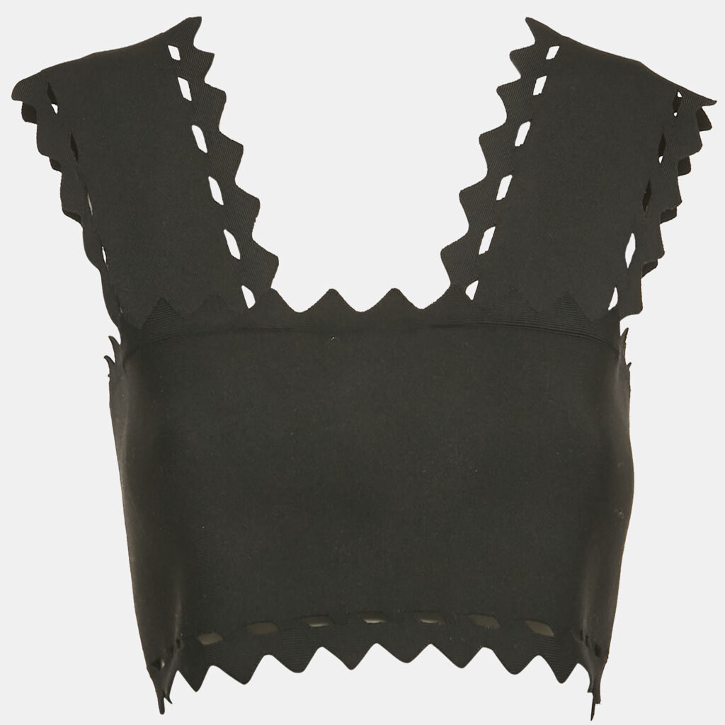 Alaia Black Stretch Knit Cut-Out Scallop Crop Top S Alaia Black Stretch Knit Cut-Out Scallop Crop Top S
