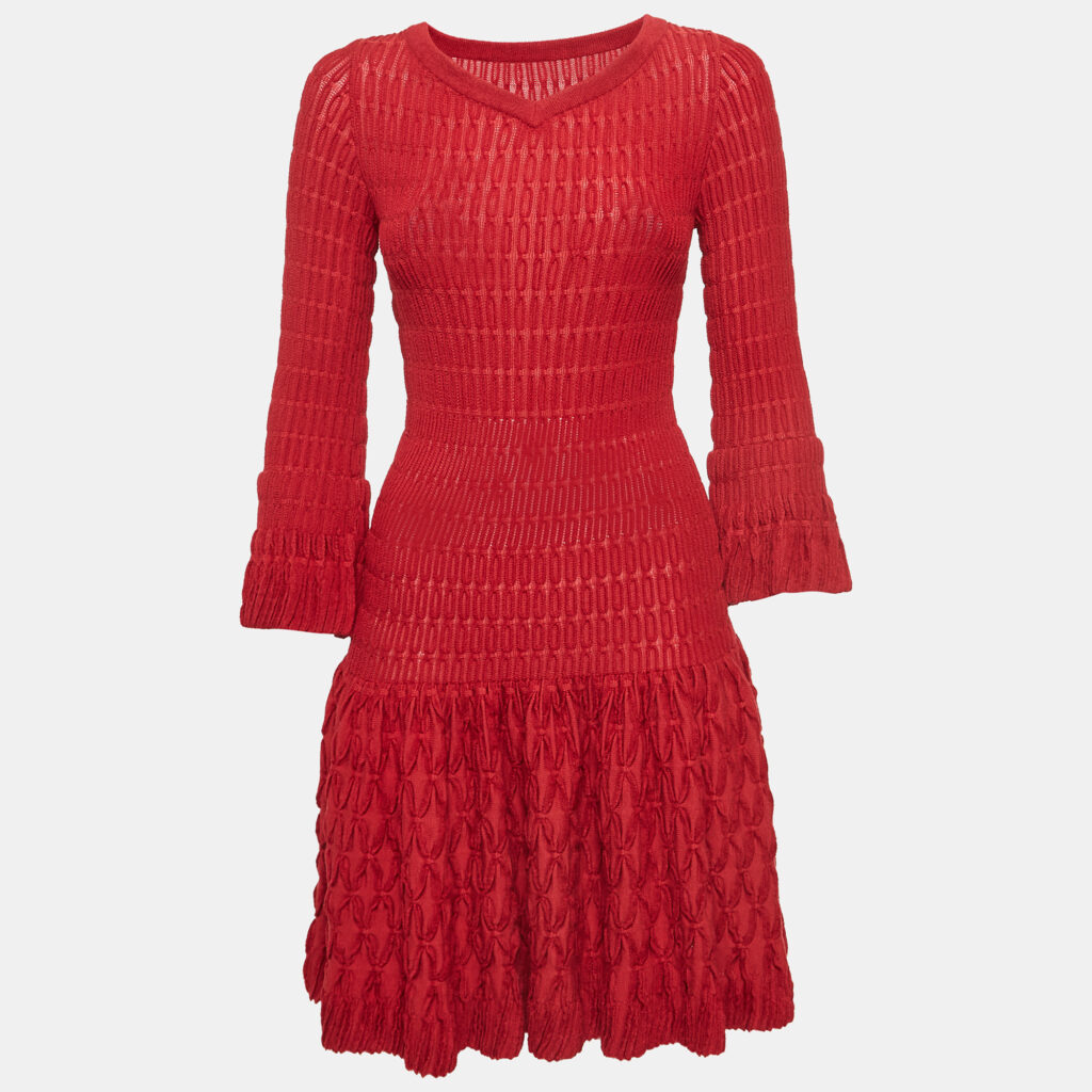 Alaia Red Chenille Wool Patterned Long Sleeve Skater Dress M Alaia Red Chenille Wool Patterned Long Sleeve Skater Dress M
