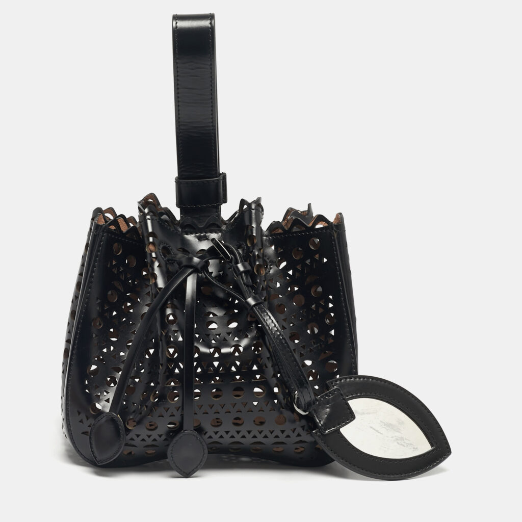 Alaia Black Laser Cut Leather Small Rose Marie Bucket Bag