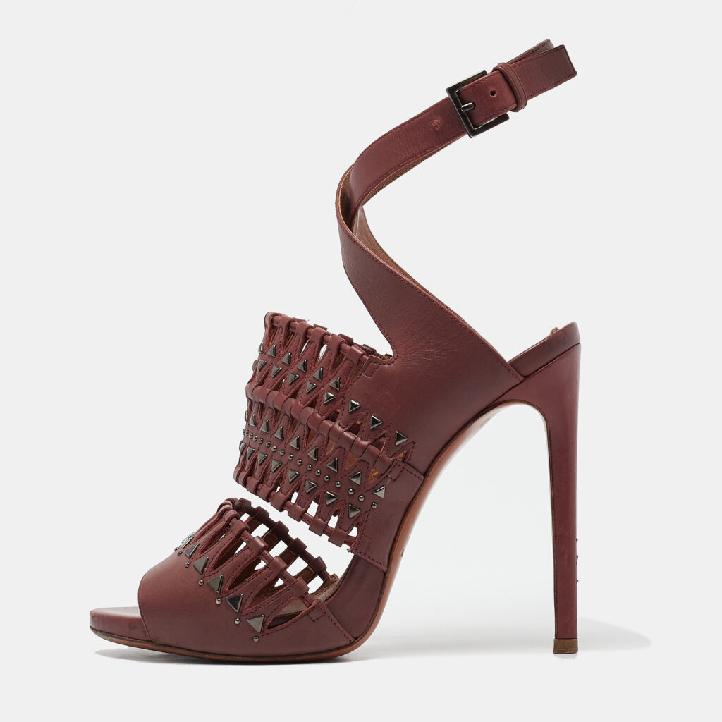 Alaia Burgundy Leather Studded and Laser Cut Ankle Strap Sandals Size 37 Alaia Burgundy Leather Studded and Laser Cut Ankle Strap Sandals Size 37