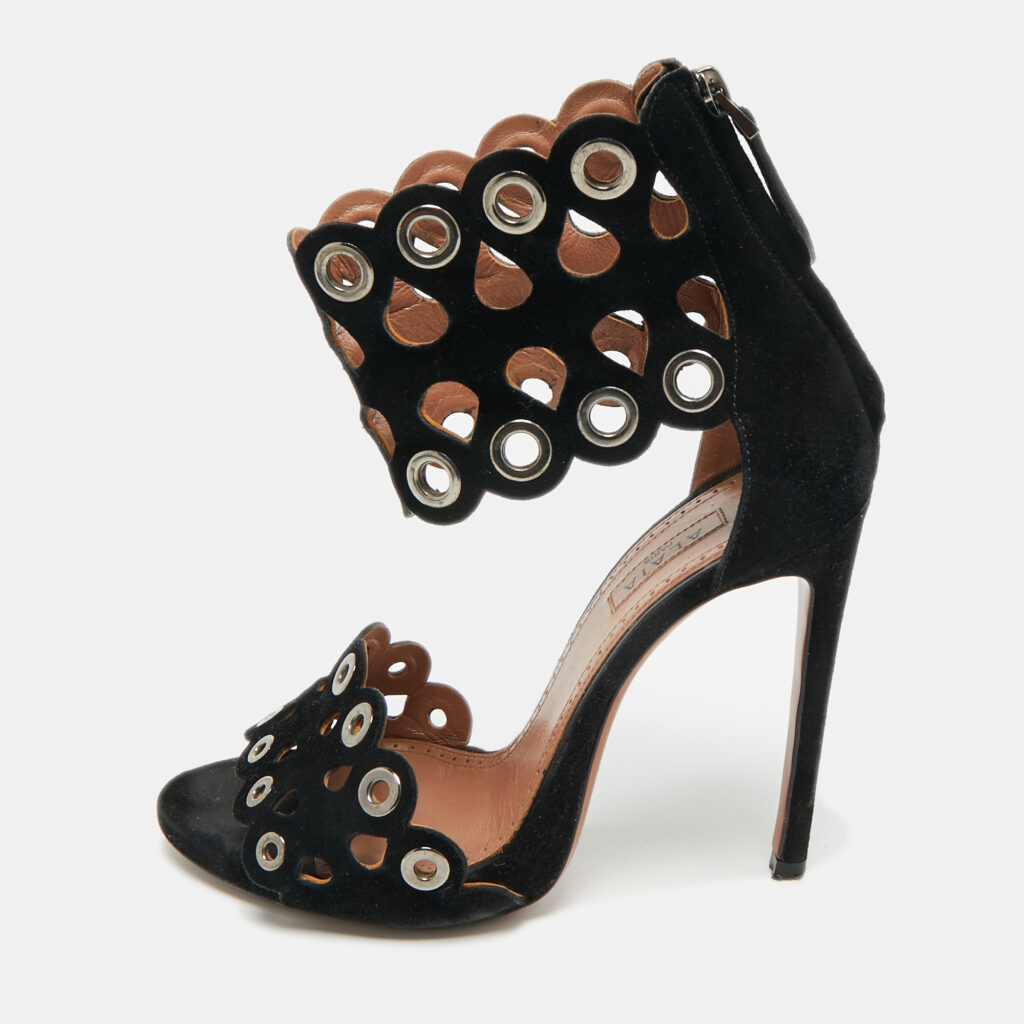 Alaia Black Suede Eyelet Embellished Ankle Strap Sandals Size 35 Alaia Black Suede Eyelet Embellished Ankle Strap Sandals Size 35