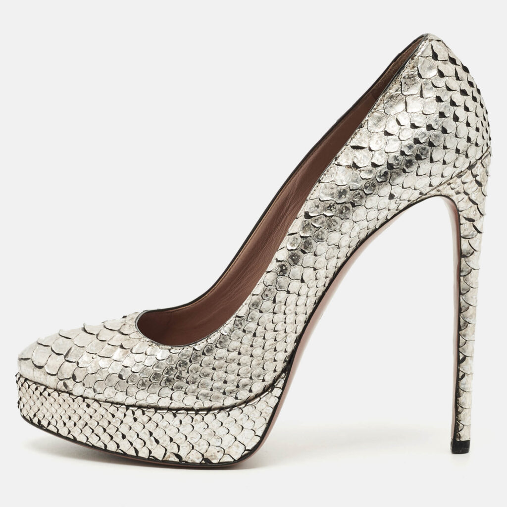 Alaia Silver/Gold Python Round Toe Platform Pumps Size 40.5