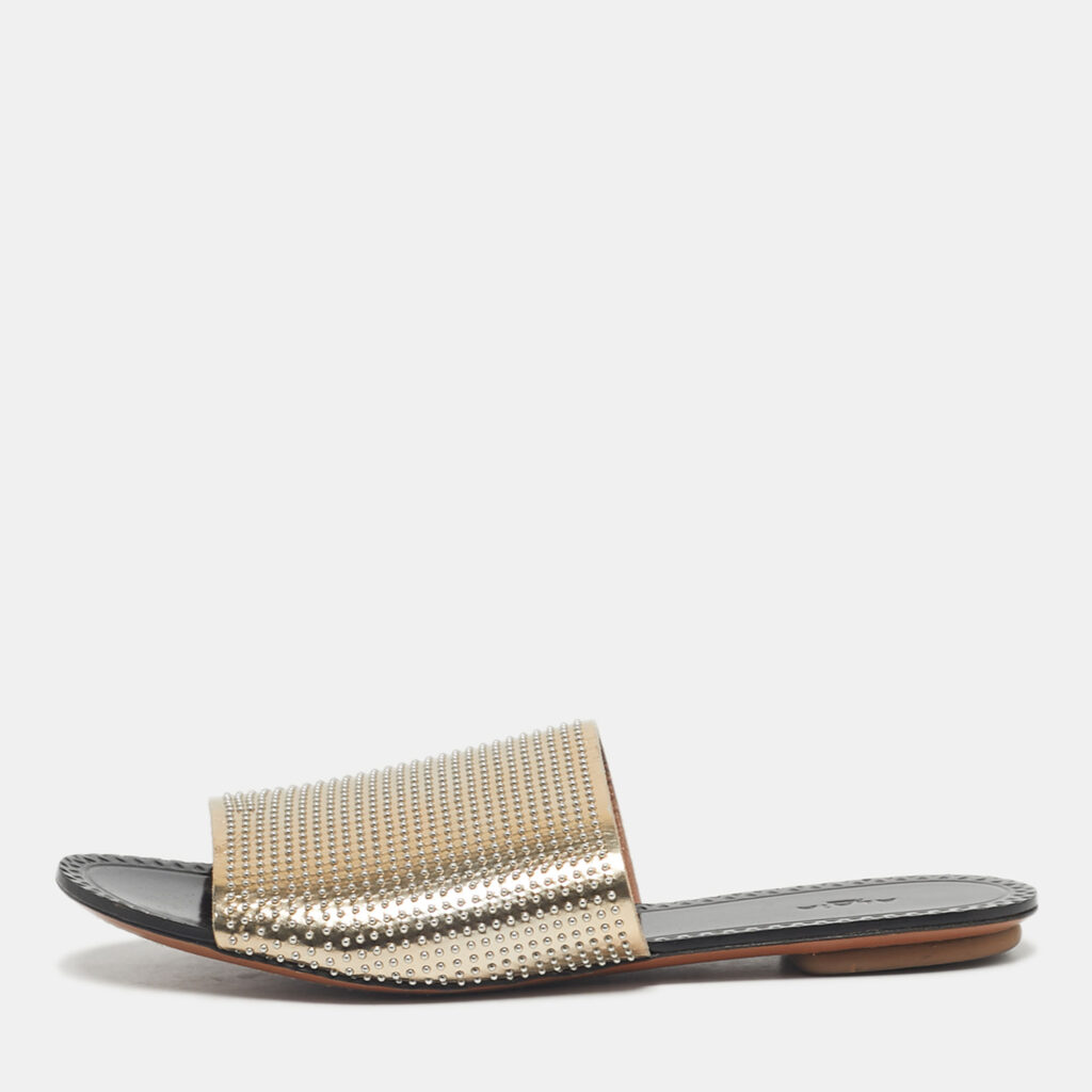 Alaia Gold Leather Flat Slide Size 37