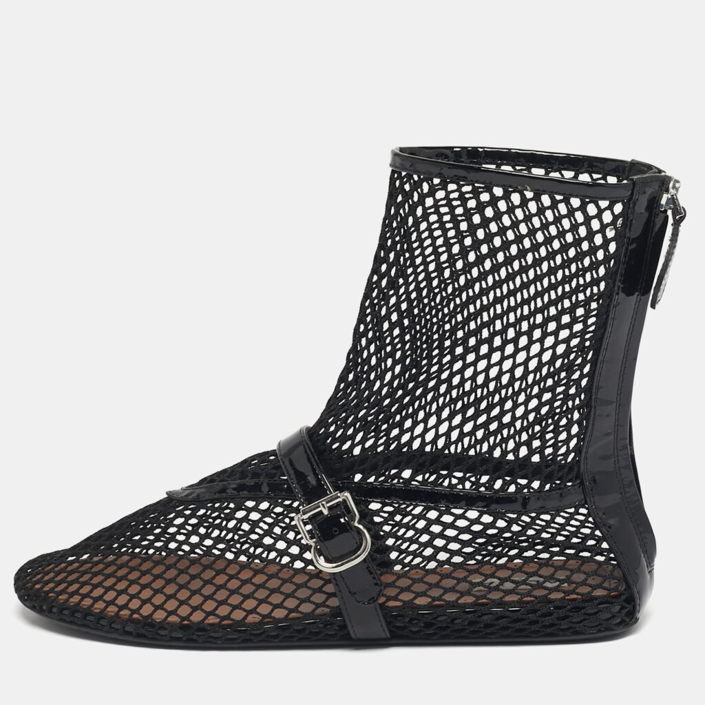 Alaia Black Net and Patent Leather Ankle Length Boots Size 39