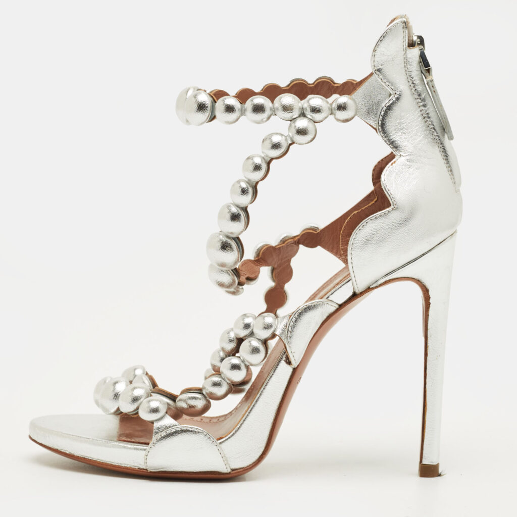 Alaia Silver Leather Bombe Stappy Sandals Size 39.5