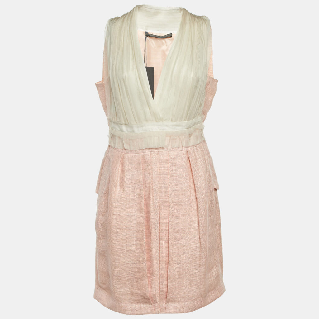 Alberta Ferretti Pink Linen & Silk Pleated Sleeveless Dress M Alberta Ferretti Pink Linen & Silk Pleated Sleeveless Dress M