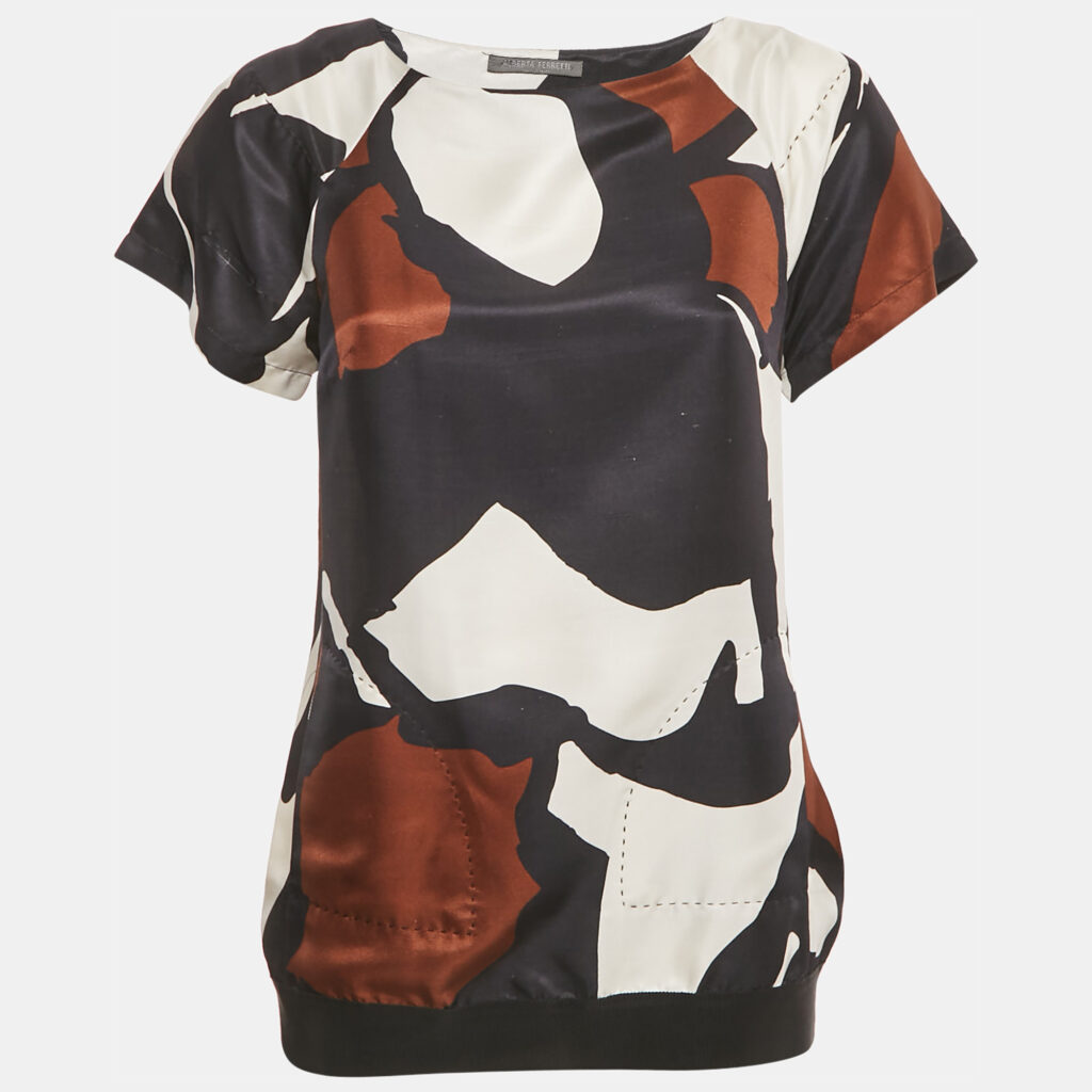 Alberta Ferretti Navy Blue Printed Silk Blouse S